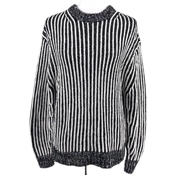 Elizabeth and James Black White Vertical Stripe Knit Crew Neck Pullover Sweater - Picture 2 of 15